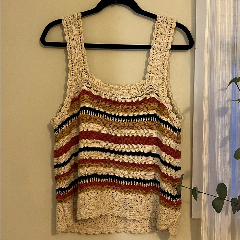 Boho Striped 100% Cotton Crochet Tank Top Square Neck Scallop Hem Sz Large